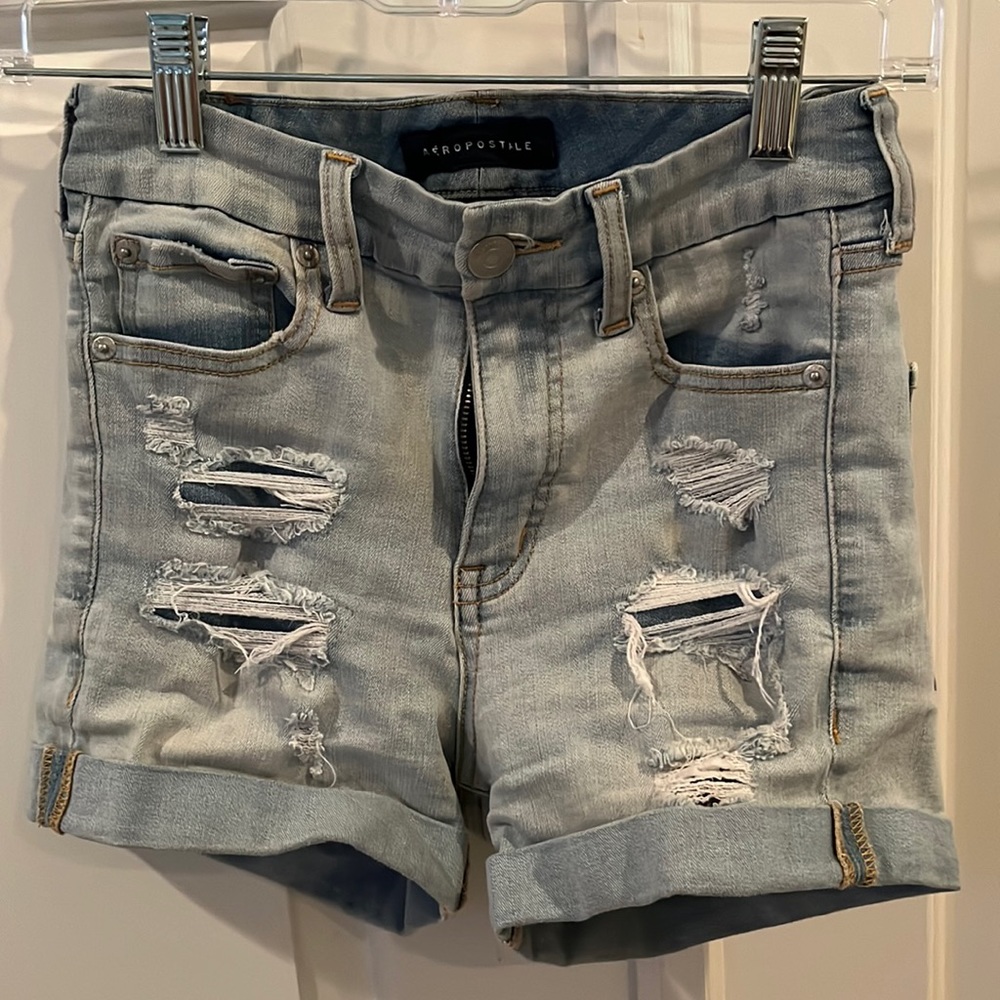 Aeropastale High Rise Curvy Midi Distressed Denim Cuffed Shorts Size 0